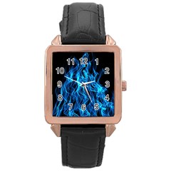 Digitally Created Blue Flames Of Fire Rose Gold Leather Watch  by Simbadda