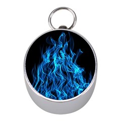 Digitally Created Blue Flames Of Fire Mini Silver Compasses by Simbadda