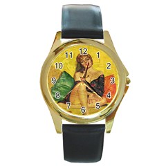 Pin Up Girl  Round Gold Metal Watch by Valentinaart