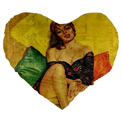 Pin Up Girl  Large 19  Premium Flano Heart Shape Cushions by Valentinaart