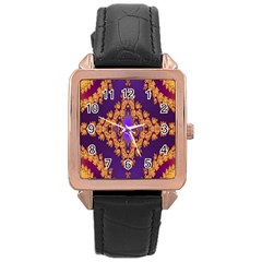 Something Different Fractal In Orange And Blue Rose Gold Leather Watch  by Simbadda