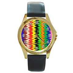 Colorful Liquid Zigzag Stripes Background Wallpaper Round Gold Metal Watch by Simbadda