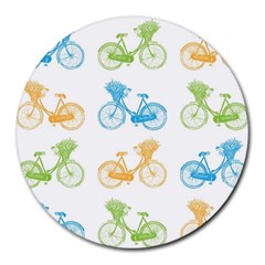 Vintage Bikes With Basket Of Flowers Colorful Wallpaper Background Illustration Round Mousepads by Simbadda