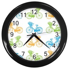 Vintage Bikes With Basket Of Flowers Colorful Wallpaper Background Illustration Wall Clocks (black) by Simbadda