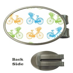 Vintage Bikes With Basket Of Flowers Colorful Wallpaper Background Illustration Money Clips (oval)  by Simbadda