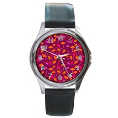 Umbrella Seamless Pattern Pink Lila Round Metal Watch by Simbadda