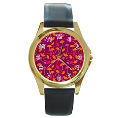 Umbrella Seamless Pattern Pink Lila Round Gold Metal Watch by Simbadda