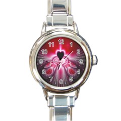 Illuminated Red Hear Red Heart Background With Light Effects Round Italian Charm Watch by Simbadda