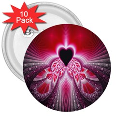 Illuminated Red Hear Red Heart Background With Light Effects 3  Buttons (10 Pack)  by Simbadda