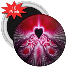 Illuminated Red Hear Red Heart Background With Light Effects 3  Magnets (10 Pack)  by Simbadda