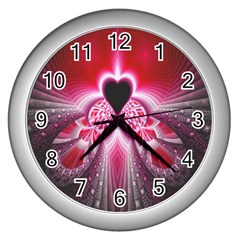 Illuminated Red Hear Red Heart Background With Light Effects Wall Clocks (silver)  by Simbadda