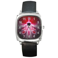 Illuminated Red Hear Red Heart Background With Light Effects Square Metal Watch by Simbadda