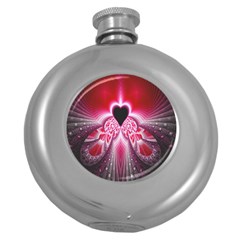 Illuminated Red Hear Red Heart Background With Light Effects Round Hip Flask (5 Oz) by Simbadda