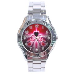 Illuminated Red Hear Red Heart Background With Light Effects Stainless Steel Analogue Watch by Simbadda