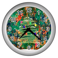 Watercolour Christmas Tree Painting Wall Clocks (silver)  by Simbadda