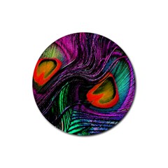 Peacock Feather Rainbow Rubber Coaster (round)  by Simbadda