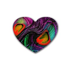 Peacock Feather Rainbow Rubber Coaster (heart)  by Simbadda