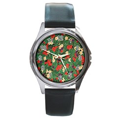 Berries And Leaves Round Metal Watch by Simbadda