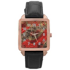 Red Gold Black Background Rose Gold Leather Watch  by Simbadda