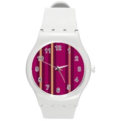 Stripes Background Wallpaper In Purple Maroon And Gold Round Plastic Sport Watch (m) by Simbadda