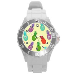 Colorful Pineapples Wallpaper Background Round Plastic Sport Watch (l) by Simbadda