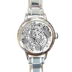 Black Abstract Floral Background Round Italian Charm Watch by Simbadda