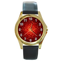 Abstract Red Lava Effect Round Gold Metal Watch