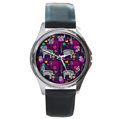 Colorful Elephants Love Background Round Metal Watch