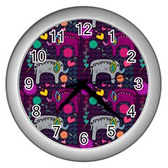 Colorful Elephants Love Background Wall Clocks (Silver) 