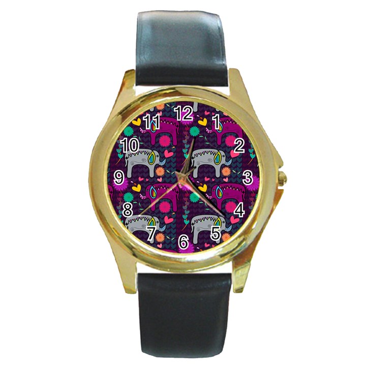 Colorful Elephants Love Background Round Gold Metal Watch