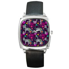 Colorful Elephants Love Background Square Metal Watch by Simbadda