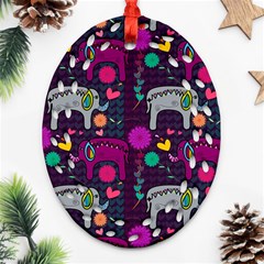 Colorful Elephants Love Background Ornament (Oval Filigree)