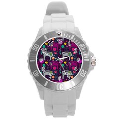 Colorful Elephants Love Background Round Plastic Sport Watch (L)