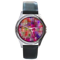 Background Abstract Weave Of Tightly Woven Colors Round Metal Watch by Simbadda