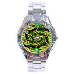 Green Yellow Fractal Vortex In 3d Glass Stainless Steel Analogue Watch by Simbadda