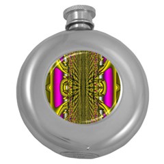 Fractal In Purple And Gold Round Hip Flask (5 Oz) by Simbadda