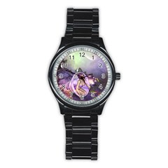 Wonderful Fairy In The Wonderland , Colorful Landscape Stainless Steel Round Watch by FantasyWorld7