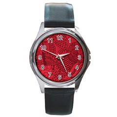 Deep Red Background Abstract Round Metal Watch by Simbadda