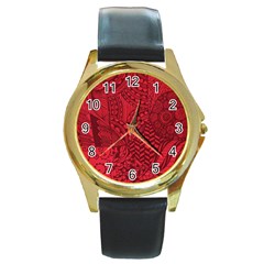 Deep Red Background Abstract Round Gold Metal Watch by Simbadda