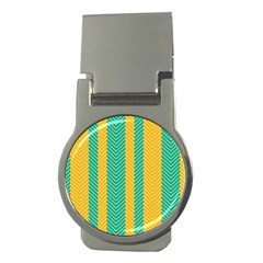 Green And Orange Herringbone Wallpaper Pattern Background Money Clips (round)  by Simbadda