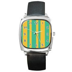 Green And Orange Herringbone Wallpaper Pattern Background Square Metal Watch