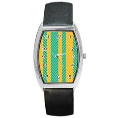 Green And Orange Herringbone Wallpaper Pattern Background Barrel Style Metal Watch by Simbadda