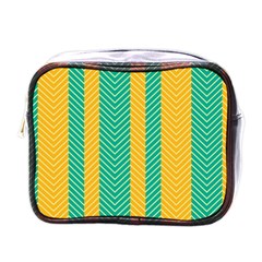 Green And Orange Herringbone Wallpaper Pattern Background Mini Toiletries Bags by Simbadda