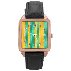 Green And Orange Herringbone Wallpaper Pattern Background Rose Gold Leather Watch  by Simbadda