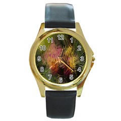 Abstract Brush Strokes In A Floral Pattern  Round Gold Metal Watch by Simbadda