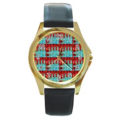 Architectural Abstract Pattern Round Gold Metal Watch by Simbadda