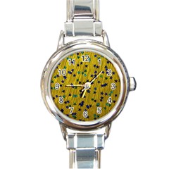 Abstract Gold Background With Blue Stars Round Italian Charm Watch by Simbadda