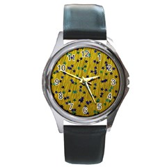 Abstract Gold Background With Blue Stars Round Metal Watch by Simbadda