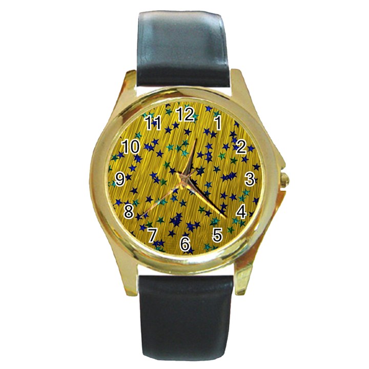 Abstract Gold Background With Blue Stars Round Gold Metal Watch