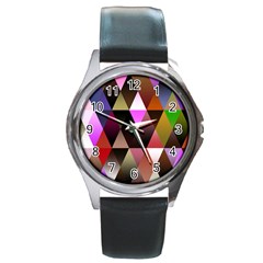 Triangles Abstract Triangle Background Pattern Round Metal Watch by Simbadda